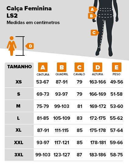 Tabela de medidas calça LS2 feminina